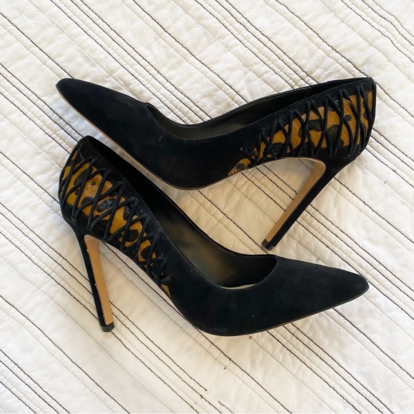 Brian Atwood Vero Cuoio Suede Black & Leopard Real Calf Hair Heels size 6.5 - Picture 6 of 8